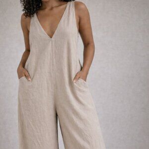 Zara Tan Linen Jumpsuit Medium with Pockets